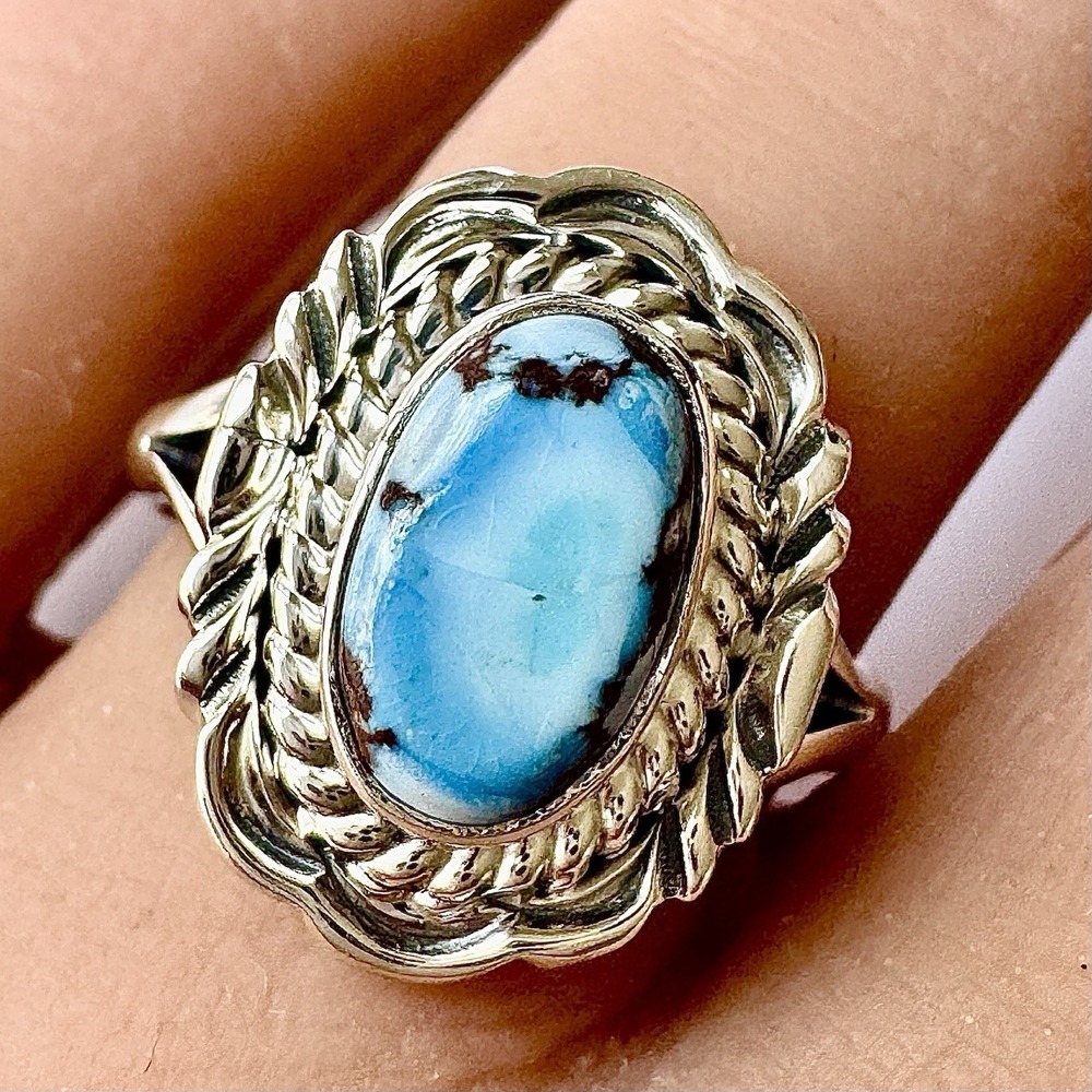 Navajo Blue Golden Hills Turquoise Ring Sz 9 Signed V Chee Sterling Native